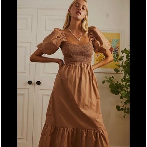 Faithfull The Brand Brown Smocked Puff Sleeve Midi Dress Xxl Cutout Cotton